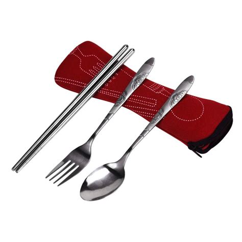 steel stainless cutlery portable flatware camping spoon durable friendly eco elegant tableware bag fork chopsticks picnic 3pcs 1set