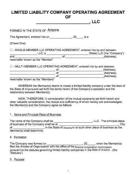 arizona llc operating agreement template  word