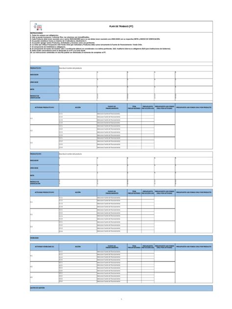 Formato Plan De Trabajo Bajar Excel Y Completar Presupuesto