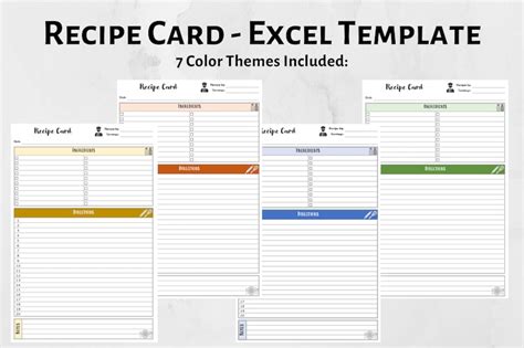 Interactive Recipe Card Digital Excel Template With 7 Color Etsy