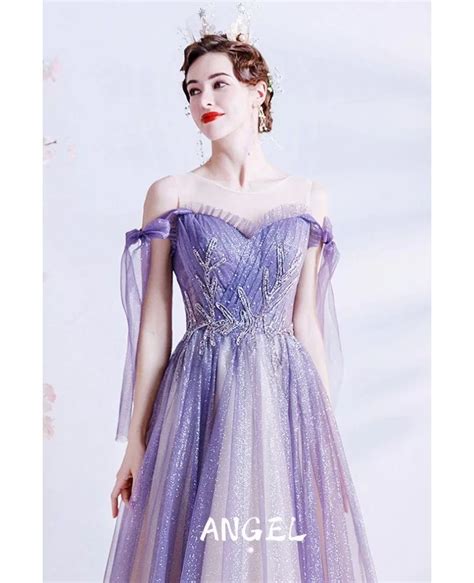 Fantasy Bling Purple Tulle Long Prom Dress With Strappy Straps