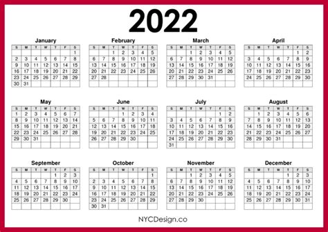 2022 Calendar Printable Free Horizontal Red Hd Sunday Start