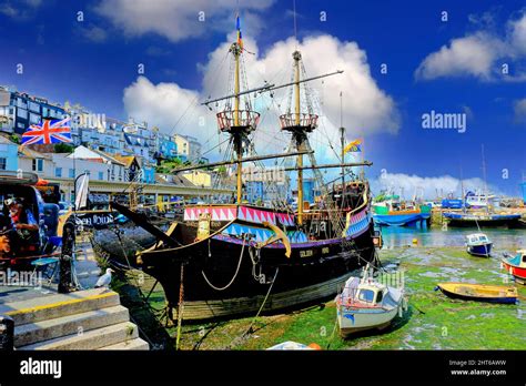 A Colourful View Of The Golden Hind Replica In Brixham Harbour Stock