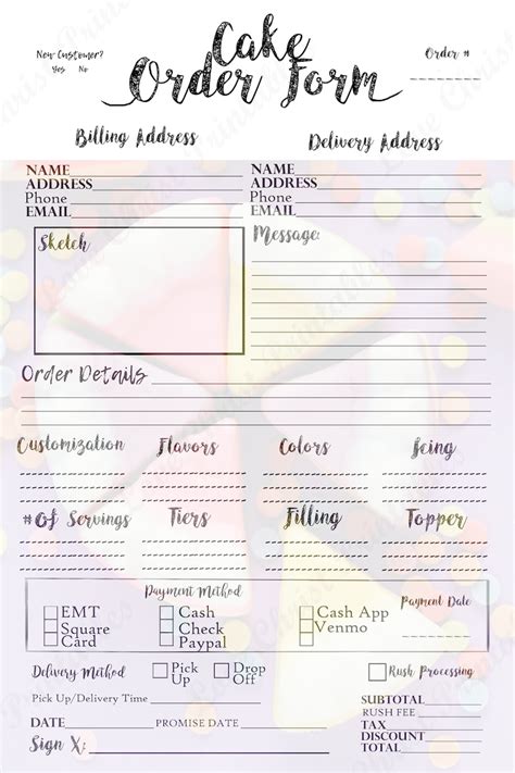 Cake order form bakery order form order form Printable | Etsy