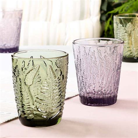 Four Botanical Embossed Coloured Glass Tumblers By Dibor