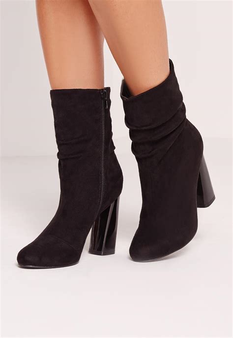 Lyst Missguided Black Faux Suede Ruched Flared Heel Ankle Boots In Black