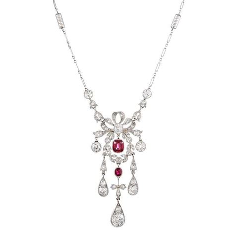 French Antique Stunning Burmese Ruby And Diamond Cluster Necklace