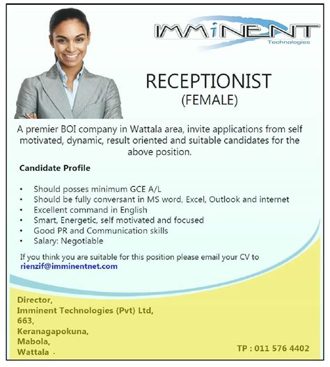 Receptionist Job Vacancy At Imminent Technologies Jobvacancieslk