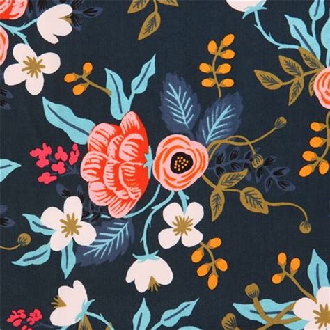 Navy Blue Fabric With Flower Leaf Cotton Lawn Fabric By Cotton And