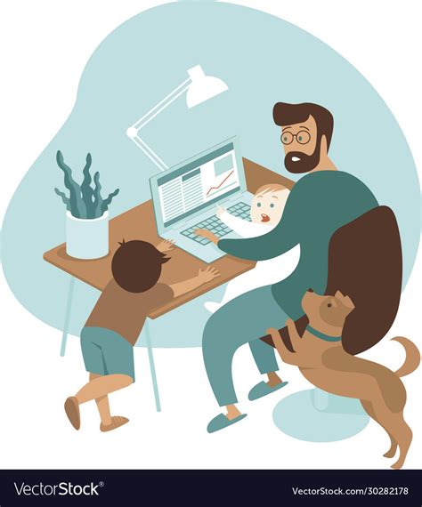 Busy Father Working From Home With Kids And Dog Vector Image