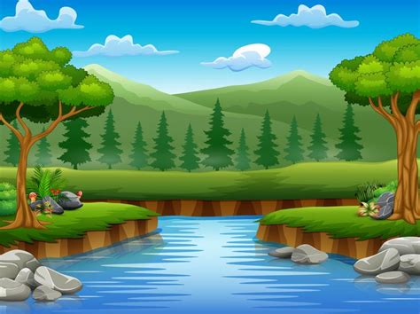 River Cartoons In The Middle Beautiful Natural Scenery Wall Mural