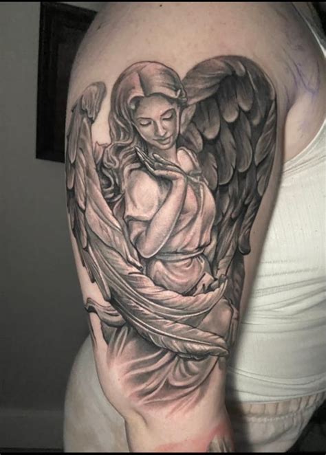 Black And Gray Angel Statue By Rob Tattoos