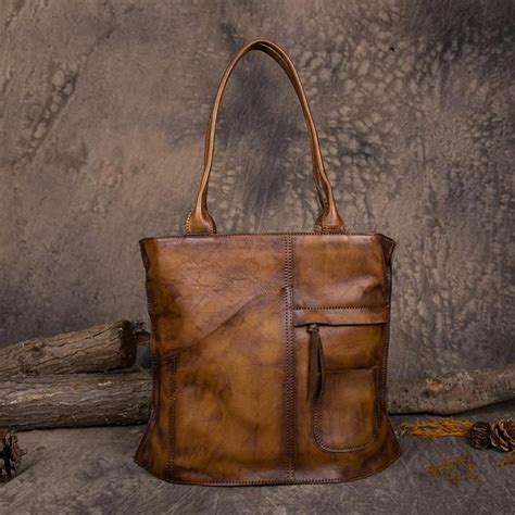 Handmade Vegetable Tanned Leather Tote Bag Shoulder Bag Shopper Bag In