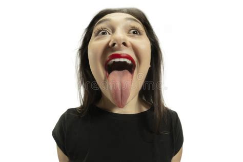 Smiling Girl Opening Her Mouth With Red Lips And Showing The Long Big Giant Tongue Isolated On