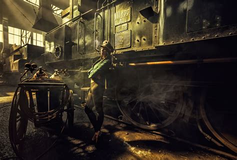 Steampunk Workshop Girl Smoke Depot Steam Engine Dangerous