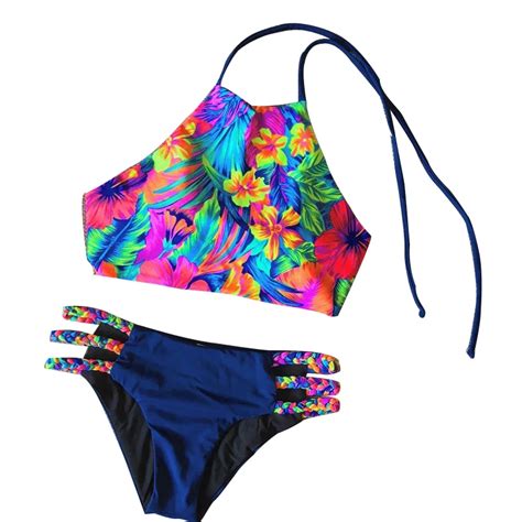 2017 New Sexy Bikinis Women Bandage Swimsuit Printed Weave Bathing Suits Swimwear Halter Top