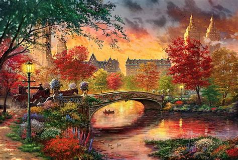Vintage Autumn In Central Park Ny Painting Tree River Autumn