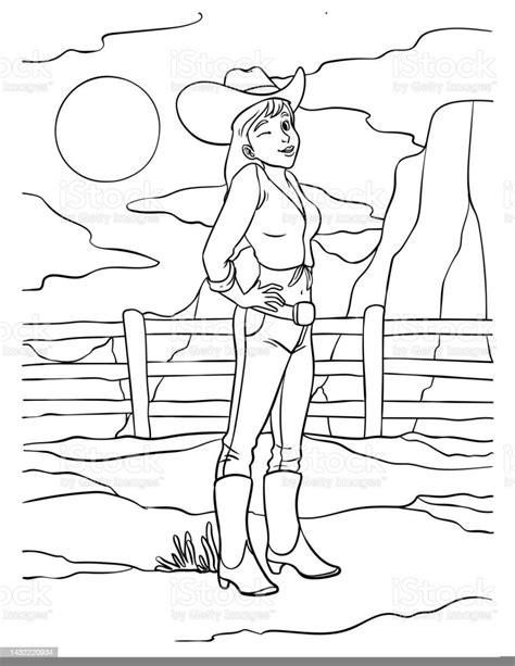 Ilustración De Dibujo Para Colorear De Cowgirl Para Niños Y Más Vectores Libres De Derechos De