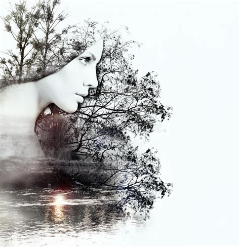 Abstract Double Exposure Of Woman And Nature At The Sunset