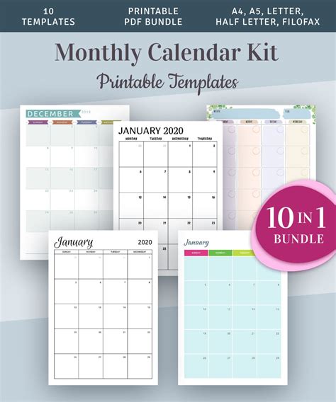 Monthly Calendar Kit 2020 Monthly Planner Templates 10 In 1 Etsy