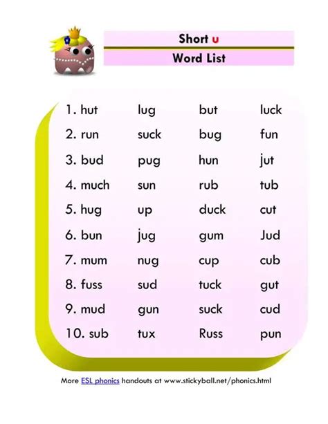 Short U Word List And Sentences Esl Resources