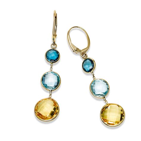 Bezel Set Multi Gemstone Dangle Earrings 14k Yellow Gold Gemstone
