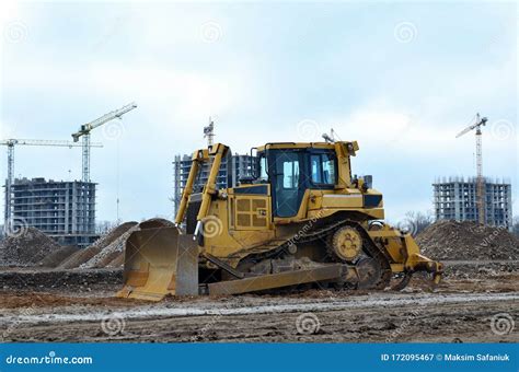 Bulldozer During Of Large Construction Jobs At Building Site Crawler