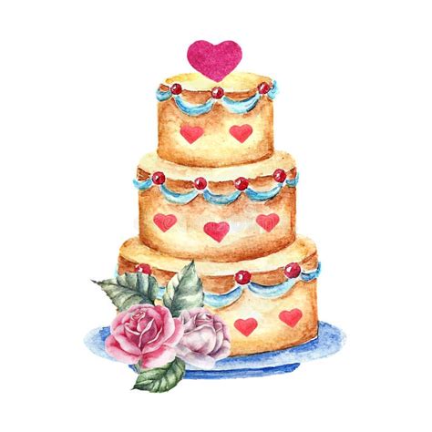 Watercolor Wedding Cake Hand Drawn Vintage Illustration Stock Vector