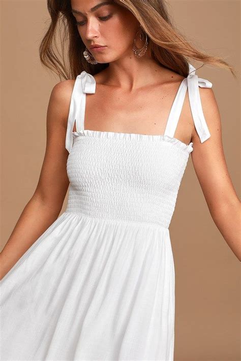 White Midi Dress Smocked Dress Tie Strap Midi Dress Lulus Casual Summer Dresses Sundresses