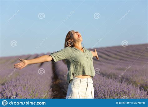 Woman Screaming And Spreading In A Lavender Field Stock Image Image