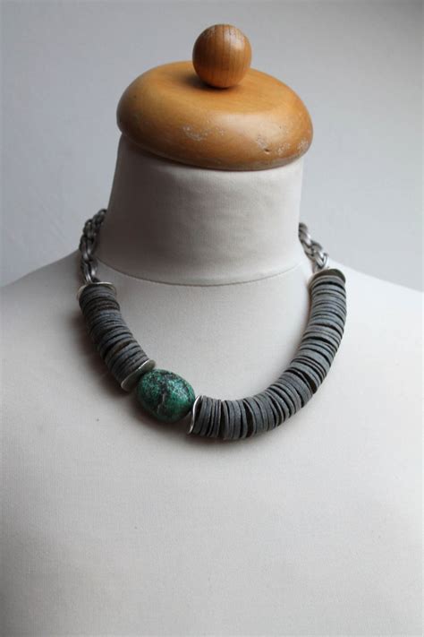 Huge Turquoise Necklace Asymmetrical Statement Teal Shell Geometric