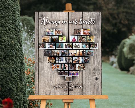 Heart Collage For Funeral Welcome Sign Or Memorial Poster Rustic Wood