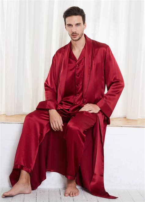 22 Momme Contra Full Length Silk Pajamas And Robe Set For Men Mens Silk