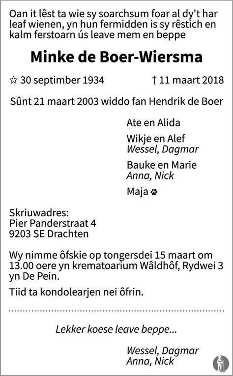 Minke De Boer Wiersma 11 03 2018 Overlijdensbericht En Condoleances