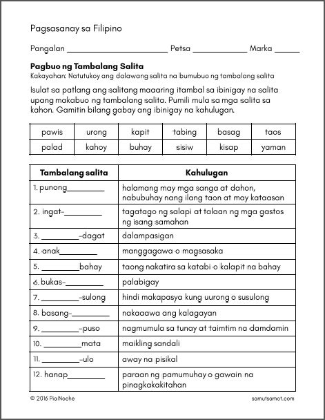 Pagbuo Ng Tambalang Salita Worksheets Samut Samot Worksheets For