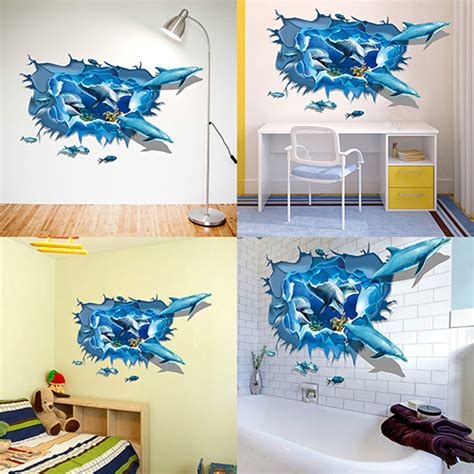 Creative Home Art Decoration Sea 3d Dolphins Crack Decal Mural Wall