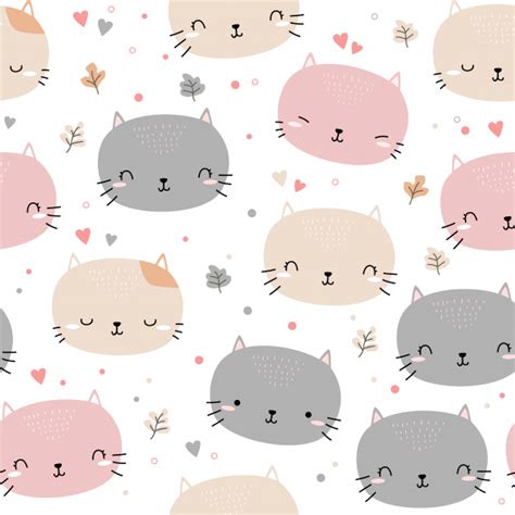 Cute Cat Kitten Head Cartoon Doodle Seamless Pattern Vector Premium