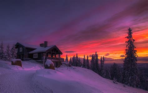 Winter Sunset Clouds Forest Cottage Snow Cold Norway Winter