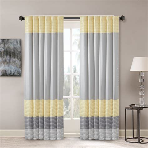 Grey And Yellow Pintucked Faux Silk Curtain Panel Wback Tabs 50x84