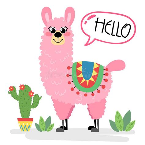 A Cute Pink Llama With A Cactus Says Hello In A Speech Bubble Stock