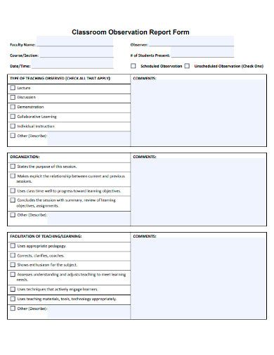 Free 15 Classroom Observation Report Samples Elementary Teaching