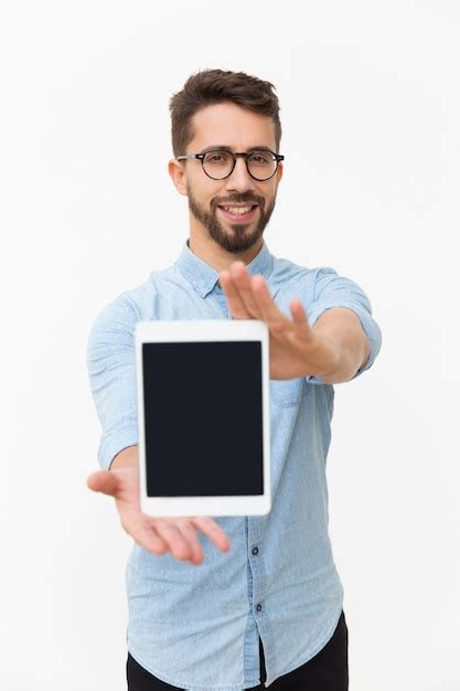 Free Photo Positive Smiling Tablet User Showing Blank Screen
