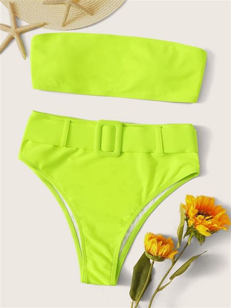 Neon Lime Belted Bandeau High Waisted Bikini Swimsuit SHEIN USA