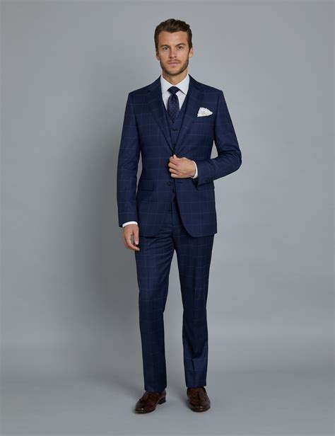 Mens Navy And Blue Windowpane Check Slim Fit Italian Suit