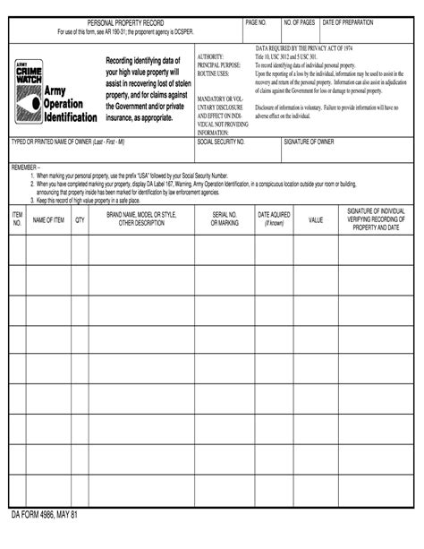 Army Da Form 4986 Fillable High Dollar Value Sheet Printable Forms