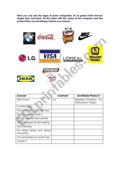 Slogans And Logos Esl Worksheet By Cladelol