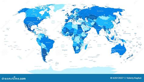 Blue World Map Borders Countries And Cities Illustration Stock