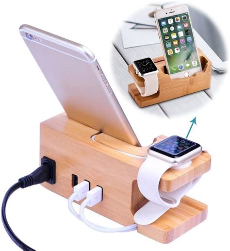Wooden Charging Station 3 Port Bamboo Docking Rack And Cord Organiser