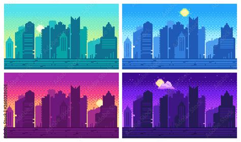 Pixel Art Cityscape Town Street 8 Bit City Landscape Night And