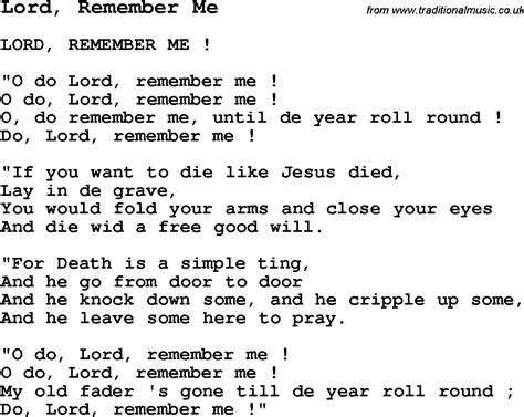 Negro Spiritualslave Song Lyrics For Lord Remember Me